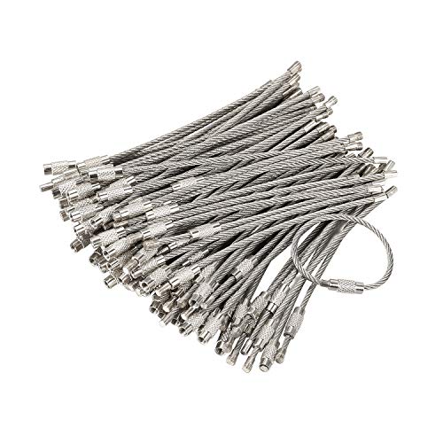 bayite Pack (100) Stainless Steel Wire Keychains Cable, Key Chain Rings, Heavy Duty Luggage Tags Loops Tag Keepers 2mm Twist Barrel (Cable Length: 4 inches)