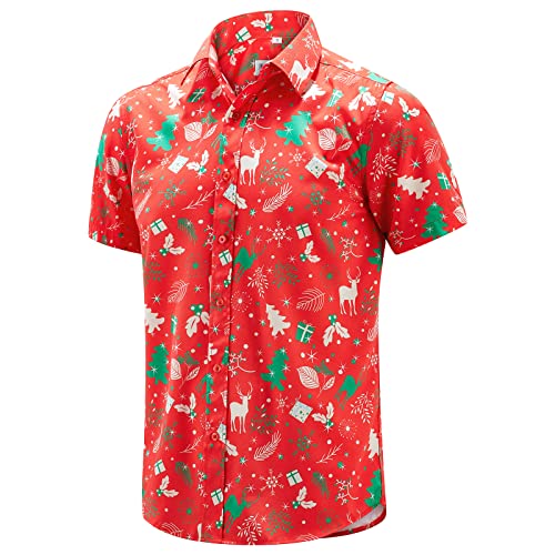 J&DHUASHA Christmas Hawaiian Shirt for Men Short Sleeve Button Down Santa Vacation Dress Shirts (Christmas Red, L)