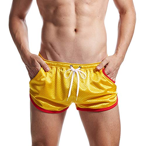 AIMPACT Mens Booty Shorts Sexy 3 inch Mesh 60s 70s 80s Vintage Retro Gym Gay Halloween Dolphin Shorts for Men (Yellow M)