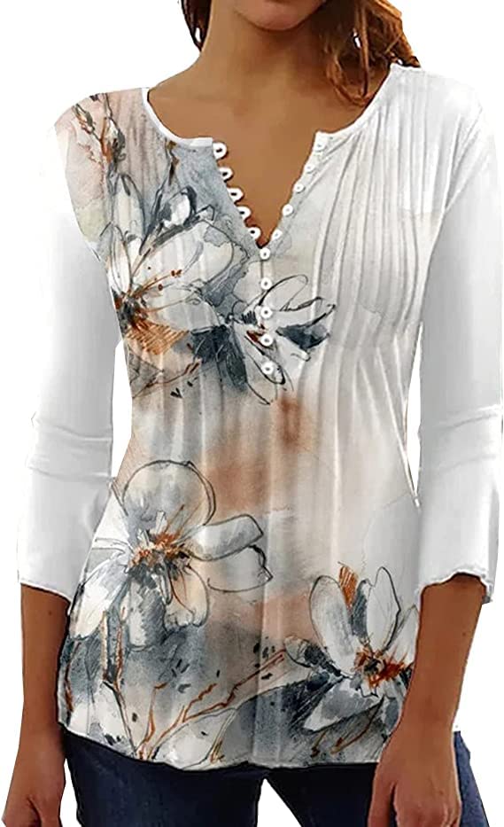 Womens Blouses and Tops Dressy 3/4 Sleeve Henley Tops Floral Print Tunic V Neck Trendy Button Down Long Flowy Half Sleeve Tshirts Spring Graphic Tees to Wear with Leggings