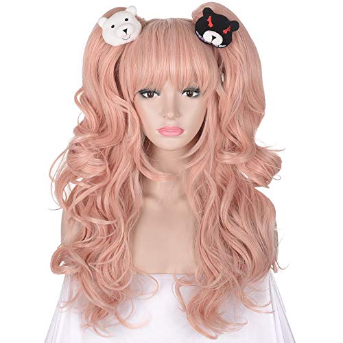 AMZCOS Junko Enoshima Wigs for Women Long Wavy Pink Wig with Two Ponytails and One Pair Bear Clips