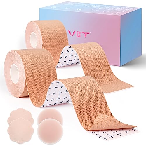 VBT 2 Pack Boob Tape - Breast Lift Tape, Body Tape for Breast Lift w 2 Pcs Silicone Breast Reusable Adhesive Bra& 2 Pcs Fabric Nipple Covers, Bob Tape for Large Breasts A-G Cup, Nude