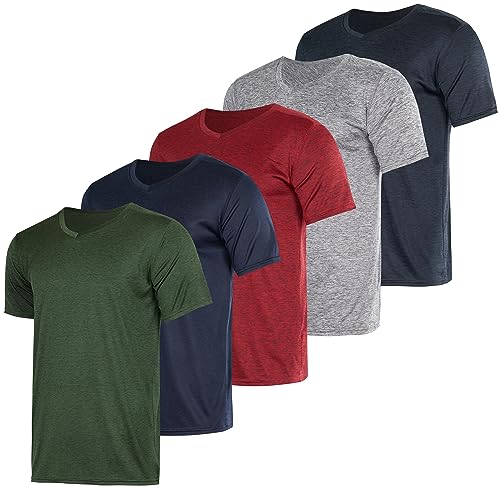 Real Essentials Athletic V Neck Tshirt Shirts T-Shirts Men Quick Dry Fit Tops Dri Fit Short Sleeve Active Wear Training Exercise Fitness Workout Shirt Tee Tees Gym Sports Top, Set 10, XL, Pack of 5