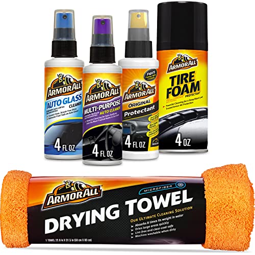 Armor All Car Wash and Car Interior Cleaner Kit, Includes Towel, Tire Foam, Glass Spray, Protectant Spray and Cleaning Spray, Multicolor, 5 Count (Pack of 1)