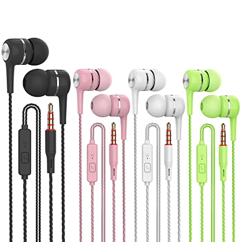 VPB 4 Packs Wired Earbuds Earphones with Microphone, Deep Bass Clear Sound, Tangle Free, Noise Isolating, Fits 3.5mm Jack iPhone iPad Samsung Google Devices (Black White Pink Green)