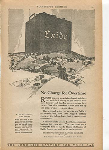 EXIDE THE LONG-LIFE BATTERY FOR YOUR CAR NO CHARGE FOR OVERTIME 1925 ANTIQUE VINTAGE ADVERTISEMENT