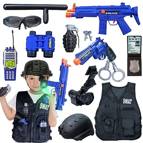 ZIRSENG Police Officer Costume for Kids, SWAT Costume for Boys, Poloce Role Play Set with Vest, Helmet for Kids 3-10-12, Christmas Gift for Kids, Policeman Outfit