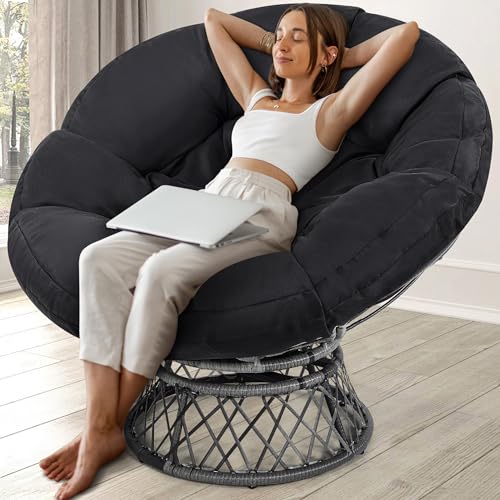 KROFEM 44' Giant Oversized Rattan Papasan Chair with Cushion and Frame for Adults, Fluid 360° Swivel, Waterproof, Grey Frame with Black Cushion