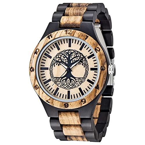 Dentily Men's Wood Watch Engraved Tree of Life Pattern Quartz Watch for Men Hand-Made Wooden Watches