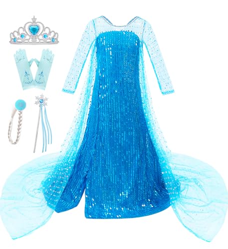Esvaiy Girls Princess Elsa Dress Costume - Luxury Sequin Halloween Birthday Party Dress Up Kids 2t 3t 4t 5t 6t 7t 8t (3-4 Years, Blue)