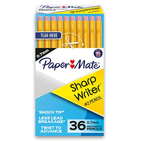 Paper Mate SharpWriter Mechanical Pencils 0.7 mm 2 Pencil Pencils for School Supplies, Yellow, 36 Count