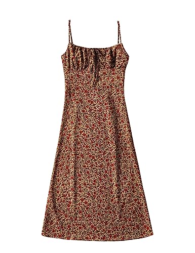 Omoone Women's Floral Dress Low-Cut Square Neck Spaghetti Strap Tie Bodycorn Dresses (01 Yellow, Small)