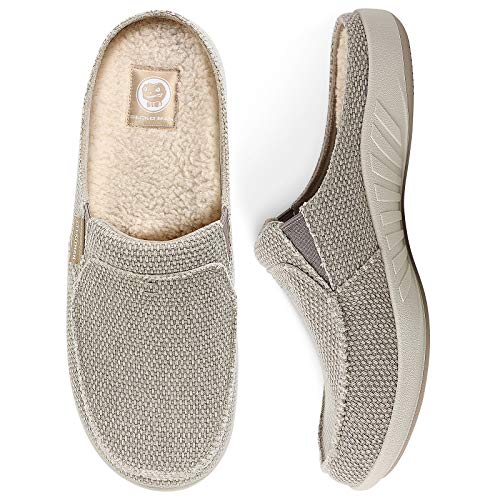 Plantar Fasciitis Slippers for Men with Arch Support, Canvas Orthotic Slipper for Men with Fuzzy Wool Insole and Velvet Lining, Slip on Clog House Slipper with Indoor Outdoor Anti-Skid Rubber Sole