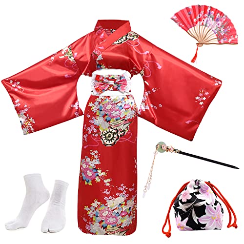 PLULON 5Pcs Japanese Robe Geisha Yukata Dress Blossom Satin Bathrobe with Drawstring Bag Hand Fan Hairpin Tabi Socks Set for Women