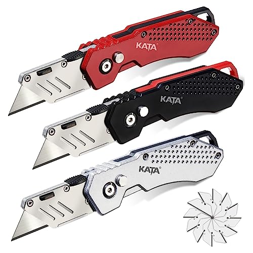 KATA 3-Pack Heavy Duty Box Cutter Folding Utility Knife With Zinc Alloy Body, Quick Change Blades, Lock-Back Design, Extra 12pc Blades For Cartons, Cardboard and Boxes