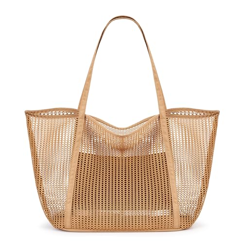 KALIDI FANCY FOREST Beach Mesh Tote Bag, Womens Shoulder handbag MAX 27L Grocery Bag Khaki