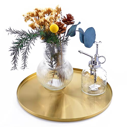 FREELOVE Brass Gold Serving Tray, Circle Round Decorative Platter, Metal Brushed Bar Plate, 12'' Small Circular Coffee Table Ottoman, Golden Decor for Vanity Candle Food Display Counter Top Decoration