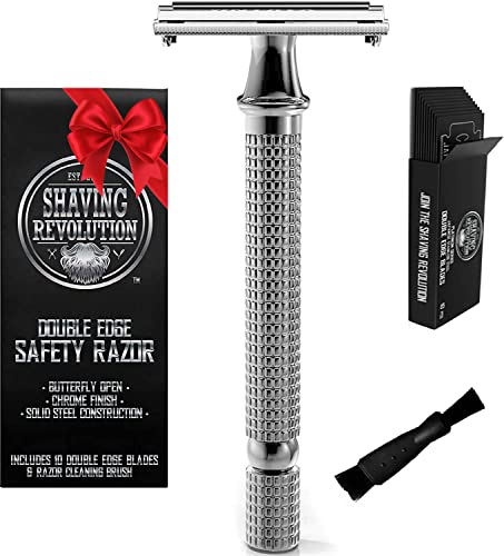 Viking Revolution Long Handle Double Edge Safety Razor - Butterfly Open Razor with 10 Japanese Stainless Steel Double Edge Safety Razor Blades - Close, Clean Shaving Razor for Men (Chrome Metal Razor)