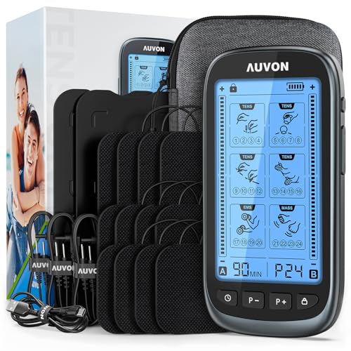 AUVON 3-in-1 TENS Unit Muscle Stimulator, Dual Channel Electronic Pulse Massager, TENS EMS Machine, 24 Modes Muscle Massager for Pain Relief Therapy, EVA Travel Case, 12 Pcs TENS Unit Electrodes Pads