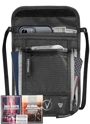 Neck Wallet Travel Pouch and Passport Holder, RFID Protected, Fits Passport with cover, Includes Global Recovery Tags. Passport Holder Neck For Men and Women (Classy Black/Gray)