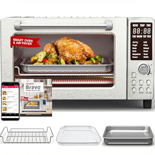 Nuwave Bravo 12-in-1 Air Fryer Toaster Oven Combo, Airfryer Convection Oven Countertop, 1800 Watts, 21-Qt Capacity, 50°-450°F Temp Controls, 65 Recipes & 4 Accessories, Silver- Stainless Steel