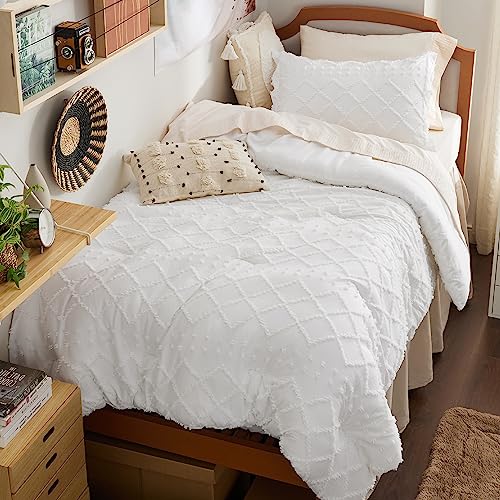 Bedsure Twin/Twin XL Comforter Set Dorm Bedding - White Boho Twin Extra Long Comforter Set for College, Shabby Chic Tufted Bedding Set, 2 Pieces Modern Farmhouse Bed Set, Includes 1 Pillow Sham