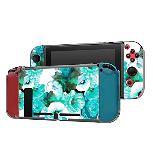 Dockable Case Compatible with Switch Console and Joy-Con Controller, Patterned ( Poppies pencils turquoise on watercolor texture ) Protective Case Cover with Tempered Glass Screen