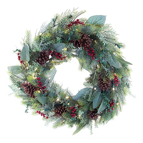 [30 Inch Artificial Christmas Wreath] - Winter Frost Collection - Natural Decoration - Pre Lit with 50 Warm Clear Colored LED Mini Lights - Includes Remote Controlled Battery Powered Timer