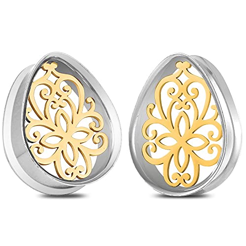LADEMAYH 2 PCS Teardrop Double Flared Ear Plugs Tunnels Gauges For Women Stretched Silver mixed Gold Stainless Steel Ear Hangers Lightweight Body Piercing Jewelry Gauge: 00g(10mm)