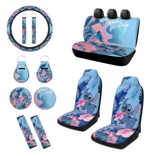 13 Pcs Cartoon Car Accessories Set Include Car Seat Cover Car Steering Wheel Cover Seat Belt Pads Car Coasters Keychain for Auto Seat Universal for Vehicle SUV Truck Protector