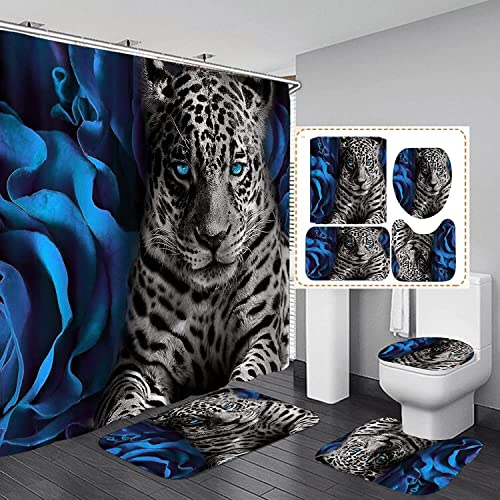 jieprom 4PCS Blue Rose and Leopard Shower Curtain Set with Non-Slip Rugs, Toilet Lid Cover and Bath Mat, Animal Shower Curtain with 12 Hooks, Durable Waterproof Bathroom Decor Set