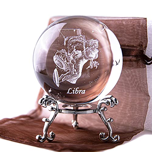 3D Laser Constellation Crystal Ball Crystal Paperweight Full Sphere Glass Fengshui With Sliver-Plated Flowering Stand(Libra)