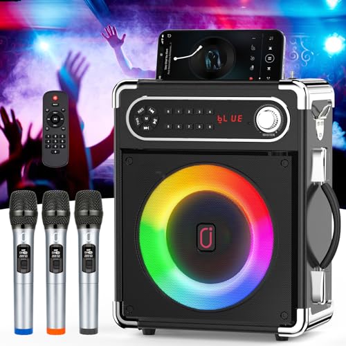 HWWR Karaoke Machine with 3 Wireless UHF Microphones for Adults, Portable Bluetooth Speaker, Party Speaker with Disco Lights for Outdoor, PA System Karaoke Speaker Support TWS, vocaleffectsprocessors