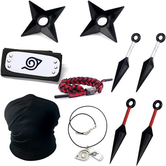 Jamwinp Ninja Anime Headband Ninja Cosplay Full Set Leaf Village Headband and Necklace, 4PCS Small Plastic Kunai and 2Pcs Kakashi Props