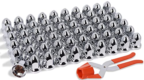 Podoy Chrome 33mm Lug Nut Covers Push on for Semi Trucks, ABS Plastic Bullet Flanged 2-1/2' Height Caps with 33 mm Nut Cover Puller (60 Pack)