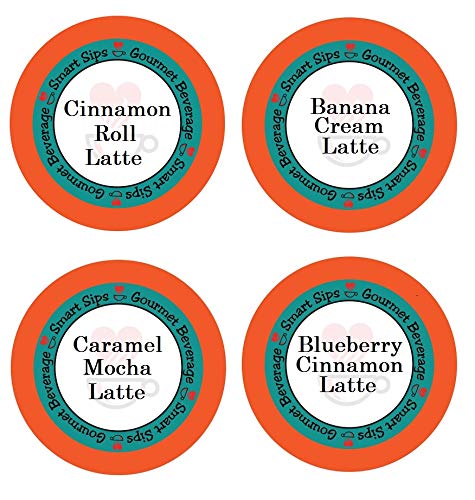 Smart Sips, Latte Variety Sampler – Caramel Mocha Latte, Banana Cream Latte, Blueberry Cinnamon Latte, Cinnamon Roll Latte, 24 Count Pods, Compatible with Keurig K-cup Machines