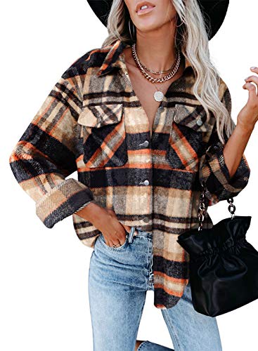 Dokotoo Classic Plaid Button Up Shirts for Women Roll Up Long Sleeve Flannel Tops Turn Down Collar Soft Checked Loose Boyfriends Baggy T-Shirt Outerwear for Ladies Office Jacket Orange XL