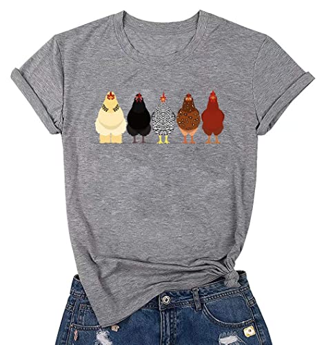 Chicken Tshirt Mom Cute T Shirts Womens Short Sleeves Farm Country Casual Tee Tops Gray