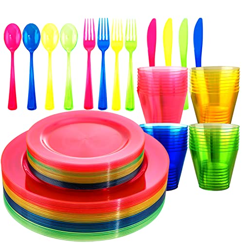 Supernal 216pcs Neon Party Supplies Plates,Includes Hard Plastic Dispoable Neon Party Plates,Cups,Cutlery Forks Knives Spoons in Neon Pink,Blue,Green,Yellow, Pefect for Birthdays,Halloween Party