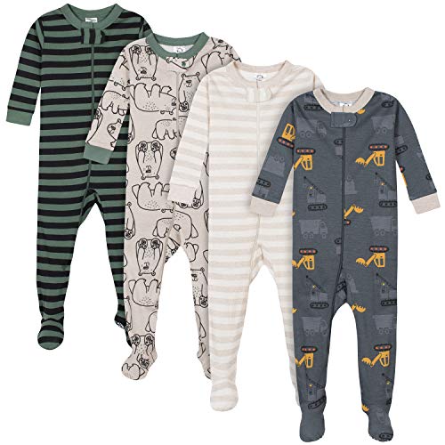 Gerber Baby Boys' 4-Pack Footed Pajamas, Bears & Trucks Grey, 9 Months