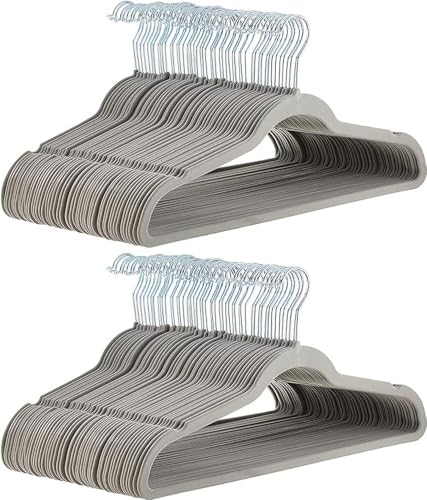 Amazon Basics Slim, Velvet, Non-Slip Suit Clothes Hangers, Gray/Silver - Pack of 100