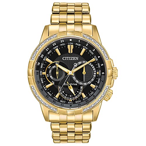 Citizen Men's Eco-Drive Classic Calendrier Watch in Gold-Tone Stainless Steel, Diamonds, Black Dial (Model: BU2082-56E)