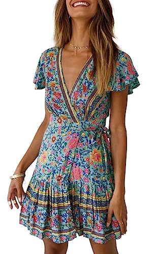 ZESICA Women's 2024 Summer Wrap V Neck Bohemian Floral Print Ruffle Swing A Line Beach Mini Dress,Green,Large