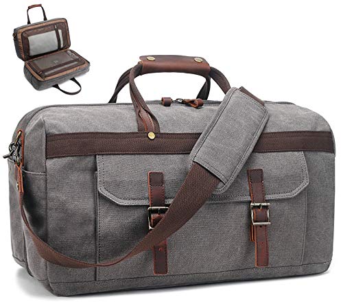 Duffle Bag for Men Waterproof Genuine Leather Canvas Travel Duffel Bags for Women Overnight Weekender Bag for Traveling, Grey