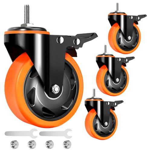 4 inch Stem Caster Wheels 2000lbs, Threaded Stem Casters Set of 4 Heavy duty,3/8'-16 x 1'(Stem Diameter 3/8', Stem Length 1'), Safety Dual Locking Caster, Industrial Castor Wheels for Cart,Furniture