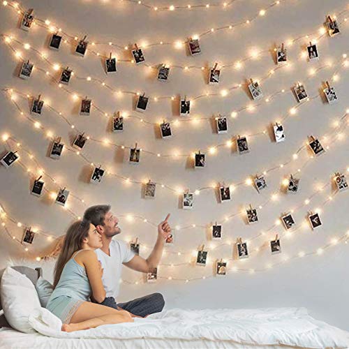 BRYUBR Photo Clip String Light - 33Ft 100LED Fairy Lights with Clips for Pictures, Photo Light with 50 Clear Clips for Bedroom Christmas Wedding Décor