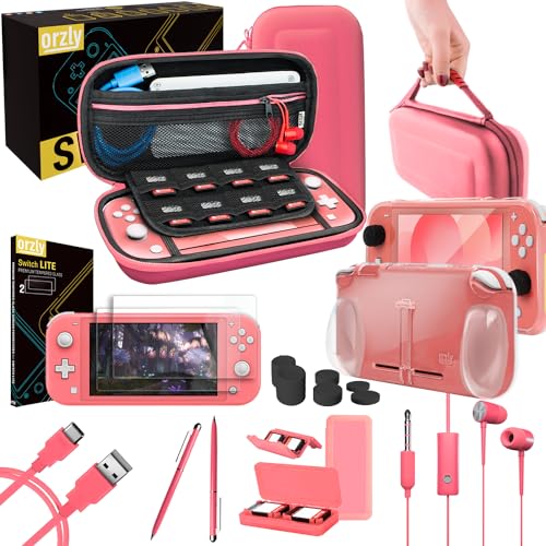 Orzly Switch Lite Accessory Pack for Nintendo Switch Lite (2019) Pack Includes: Tempered Glass Screen Protectors, Type C Cable, Cover [Hard Case] Comfort Grip Case and More. [Coral]