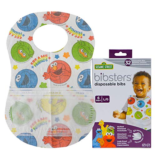 Bibsters, Sesame Street Large Disposable Bibs with Patented Crumb-Catcher, Leakproof Liner, and Reusable Fastener, Ages 6+ Months, 32 count