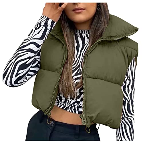 NIAIOCTI Women's Winter Crop Vest Sleeveless Zip Up Stand Collar Lightweight Puffer Padded Vest,vest for women (A Army Green No pockets，X-Large)