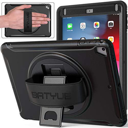 BATYUE iPad 9.7 Case 2018 iPad 6th Generation Case/ 2017 iPad 5th Generation Case, 3 Layer Heavy Duty Rugged iPad Air 2 Case/iPad Air Case w/360° Swivel Stand + Hand Strap for iPad Pro 9.7 Case Black